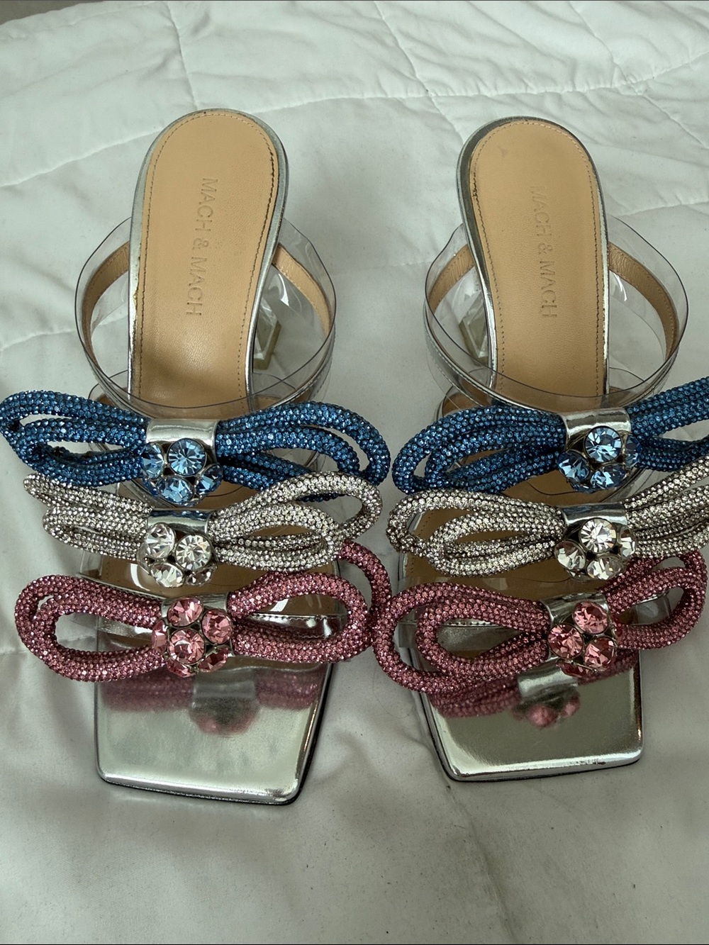 MACH & MACH Clear Slide Sandals with Blue, Silver, and Pink Crystal Bows